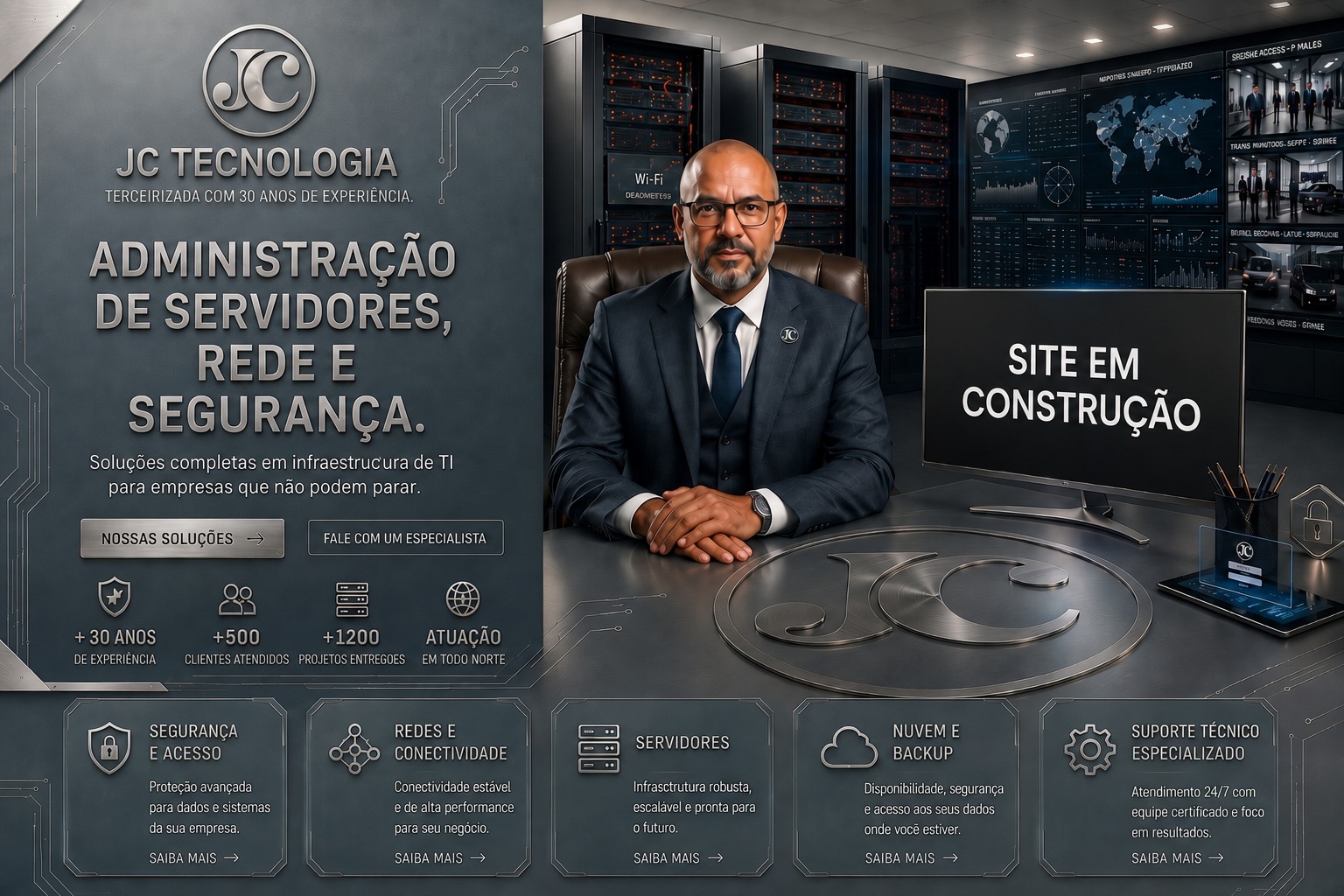 Especialista JC Tecnologia em sala de servidores, monitorando suporte de TI na Região Norte